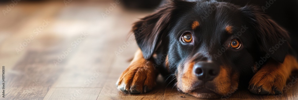 Poster relaxed dog resting on wooden floor with warm lighting and empty space for text. generative ai