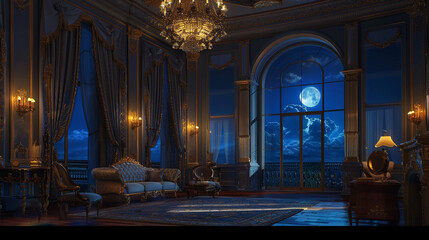 A high-ceiling living room at night with an ornate crystal chandelier, moonlight cascading through expansive windows, and luxurious drapes framing the view.