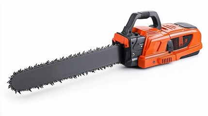 Orange and black cordless chainsaw isolated on white background.