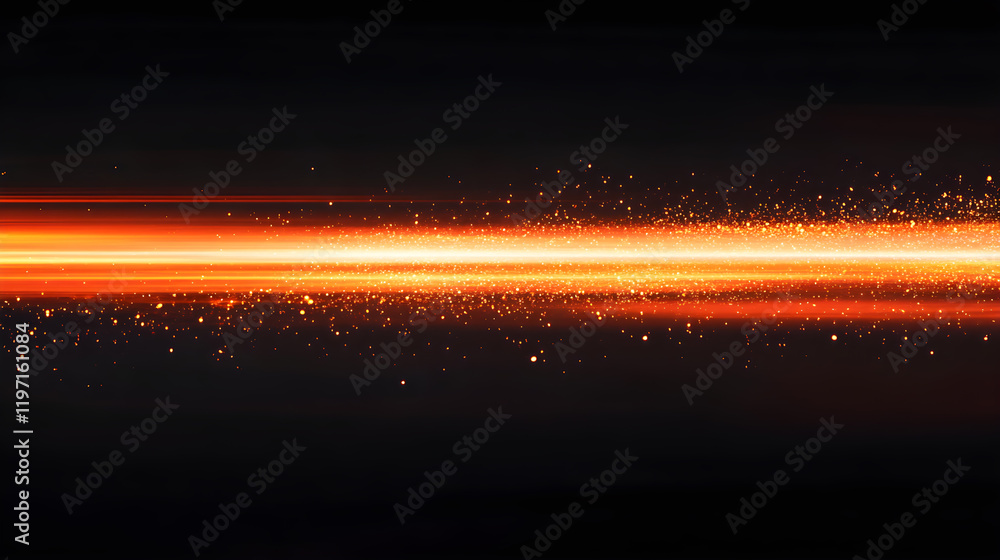 Poster dark background with orange light beam passing through the center horizontally with sparkles.