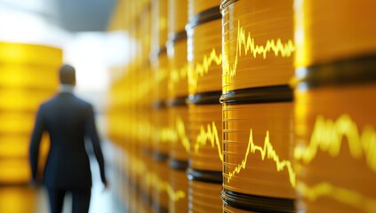 A business professional is walking through a warehouse filled with large storage barrels. Data visual graphics are projected onto the barrels, conveying analytics