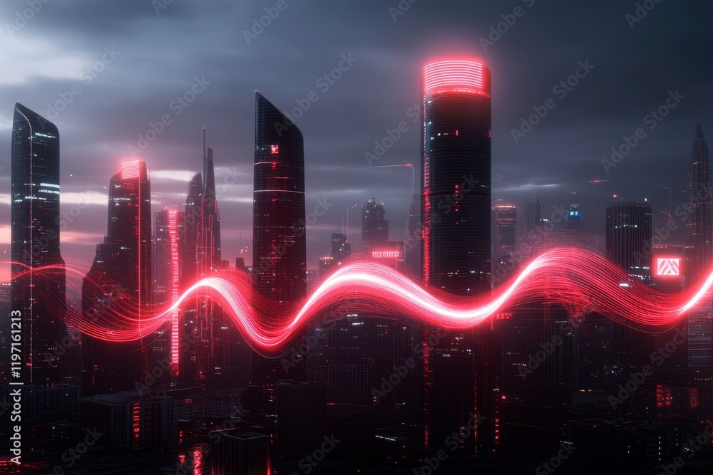 Poster a cyberpunk-inspired voip system with glowing neon sound waves, futuristic headsets, and holographic