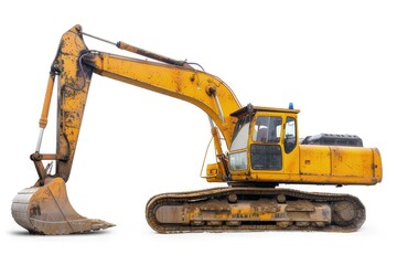 A yellow excavator on tracks, used for digging and construction tasks. isolated on white background