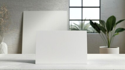 Blank white card displayed on a table with a modern interior, plants, and natural light streaming in