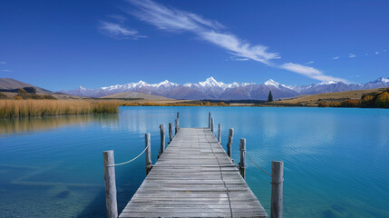 Fototapeta premium A serene capture of a narrow wooden dock stretching into the turquoise waters of Lake Tekapo, New Zealand, with smooth reflections of the Southern Alps in the background
