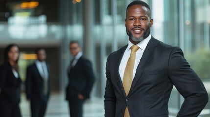 Confident businessman smiles, colleagues in background, modern office