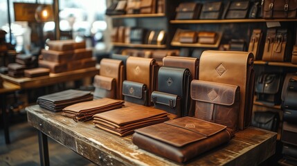 Fototapeta premium A brand photo of custom-made leather goods arranged in a showcase