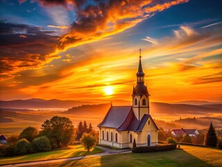 Fototapeta premium Golden Hour Church Silhouette: Serene Sunset Landscape Photography
