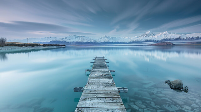A serene capture of a narrow wooden dock stretching into the turquoise waters of Lake Tekapo, New Zealand, with smooth reflections of the Southern Alps in the background