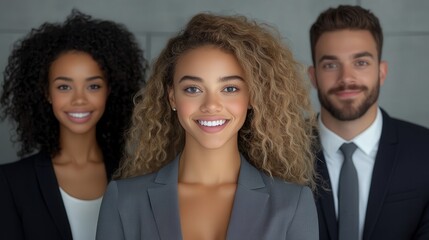 Fototapeta premium Cheerful Group of Three Smiling Business Professionals in Modern Office Setting Engaging in Collaborative Discussion and Building Positive Relationships