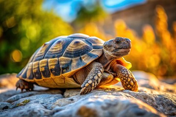 Fototapeta premium Greek Tortoise Basking on Ancient Stone - High Resolution Stock Photo