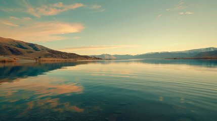 A serene capture of the emerald waters of Lake Tekapo in New Zealand, with silky reflections of the surrounding mountains and soft golden light illuminating