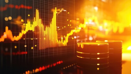 A dynamic digital representation showcases financial market trends with rising and falling graphs. Bright colors contrast against a dark background, highlighting market fluctuations
