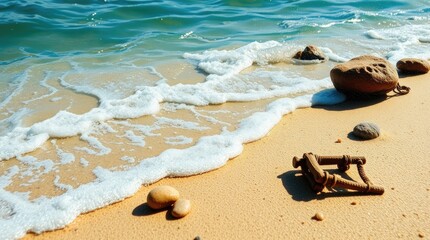 beach and sea scene. Strong, hard light creates harsh shadows. Small subject details are emphasized, rich textures and visible