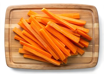 Fresh carrot sticks on wooden board - Pile of freshly cut orange carrot sticks neatly arranged on a wooden cutting board, perfect for healthy snacking or cooking.
