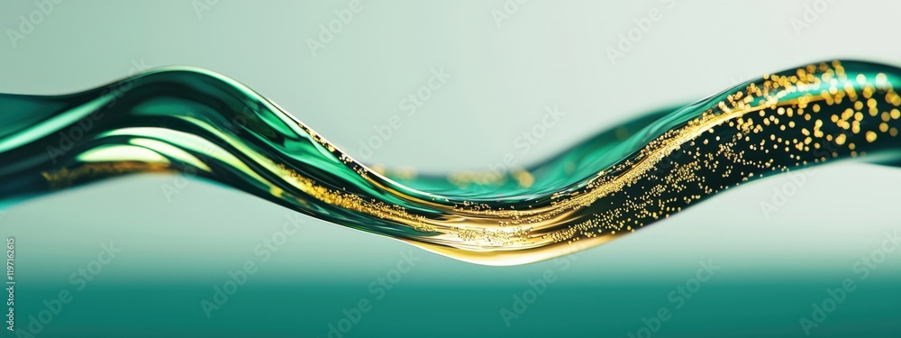 Poster abstract flow of green and gold liquid with glimmering particles for artistic or design use
