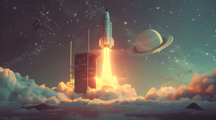 3D Realistic Cartoon Style Space Rocket with Smoke.dreamy, engaging art, space odyssey, energetic launch.