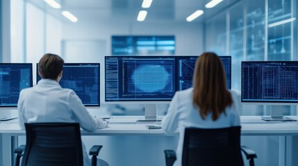 Scientists Working in Modern Laboratory Analyzing Data on Multiple Computer Screens with Advanced Technology