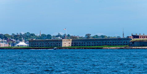 A view towards Fort Adams from Narragansett bay at Newport, USA in the fall