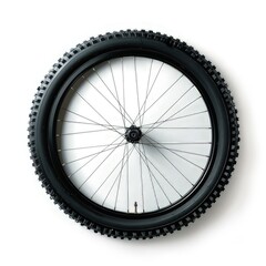 Fototapeta premium A single bicycle wheel mounted on a white background, showcasing its design and structure.