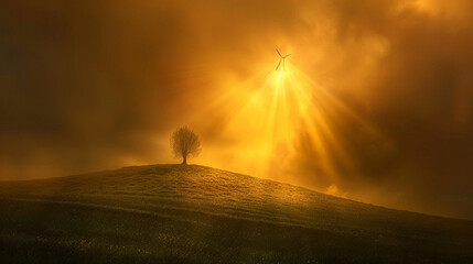 Fototapeta premium A surreal image of a single windmill on a grassy hill in the Netherlands, with spinning blades creating a soft motion blur against a glowing golden sky