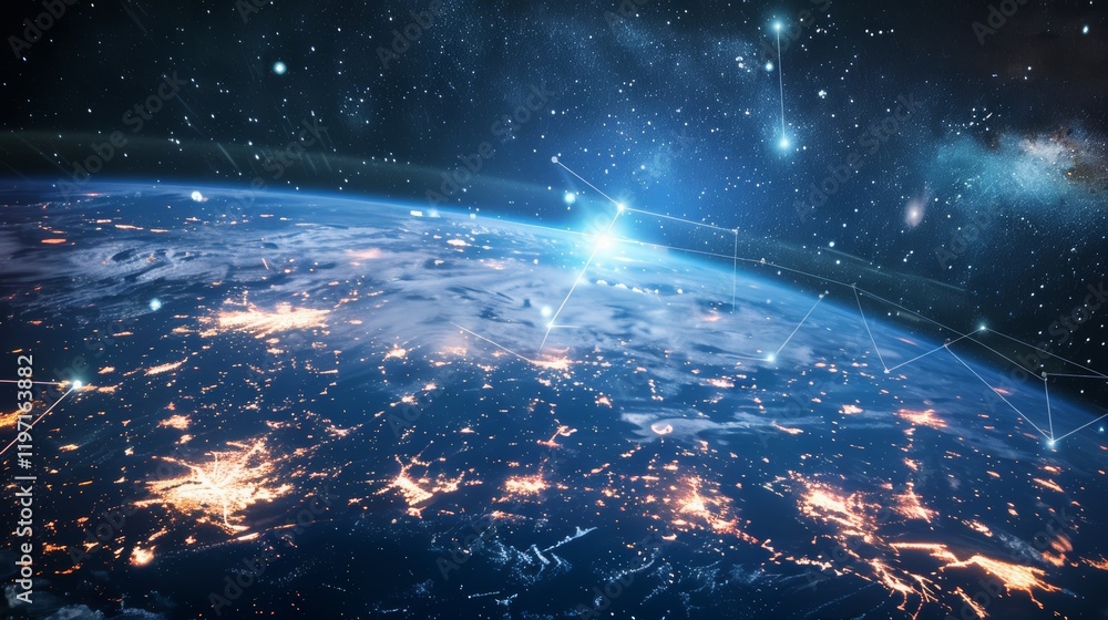 Fototapete planet with a network of lines connecting it to other planets. connections system and global datas e