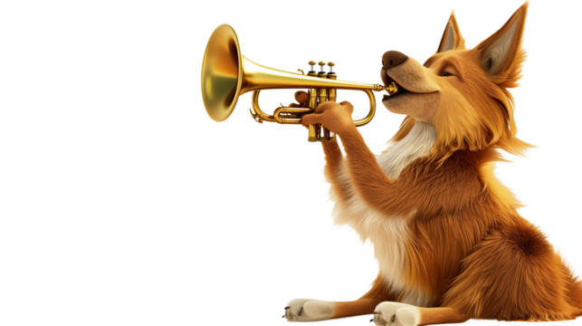 Animated Dog Playing a Golden Trumpet