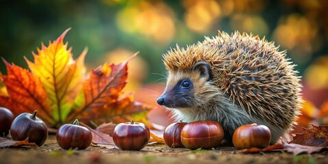 Fototapeta premium Hedgehog Protecting Chestnut Treasure: Autumn Wildlife Stock Photo