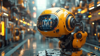 Futuristic yellow robot head with digital display in a cyberpunk city.