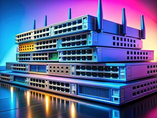 High-Quality Stock Photo: Network Hardware Stack - Routers and Switches