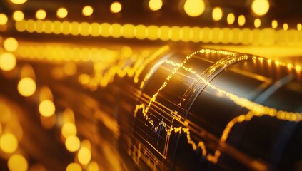 Bright golden lights illuminate a curved surface displaying complex financial data trends. This artistic depiction emphasizes the dynamic nature of market fluctuations and analytics