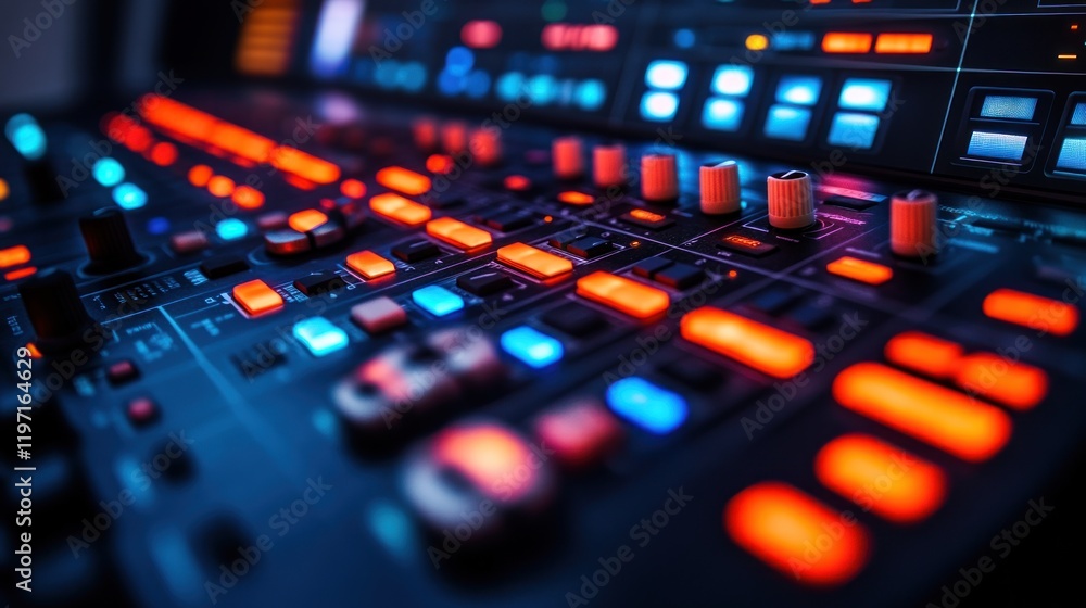 Poster close-up of a vibrant audio mixing console, showcasing its illuminated buttons and knobs. the image 