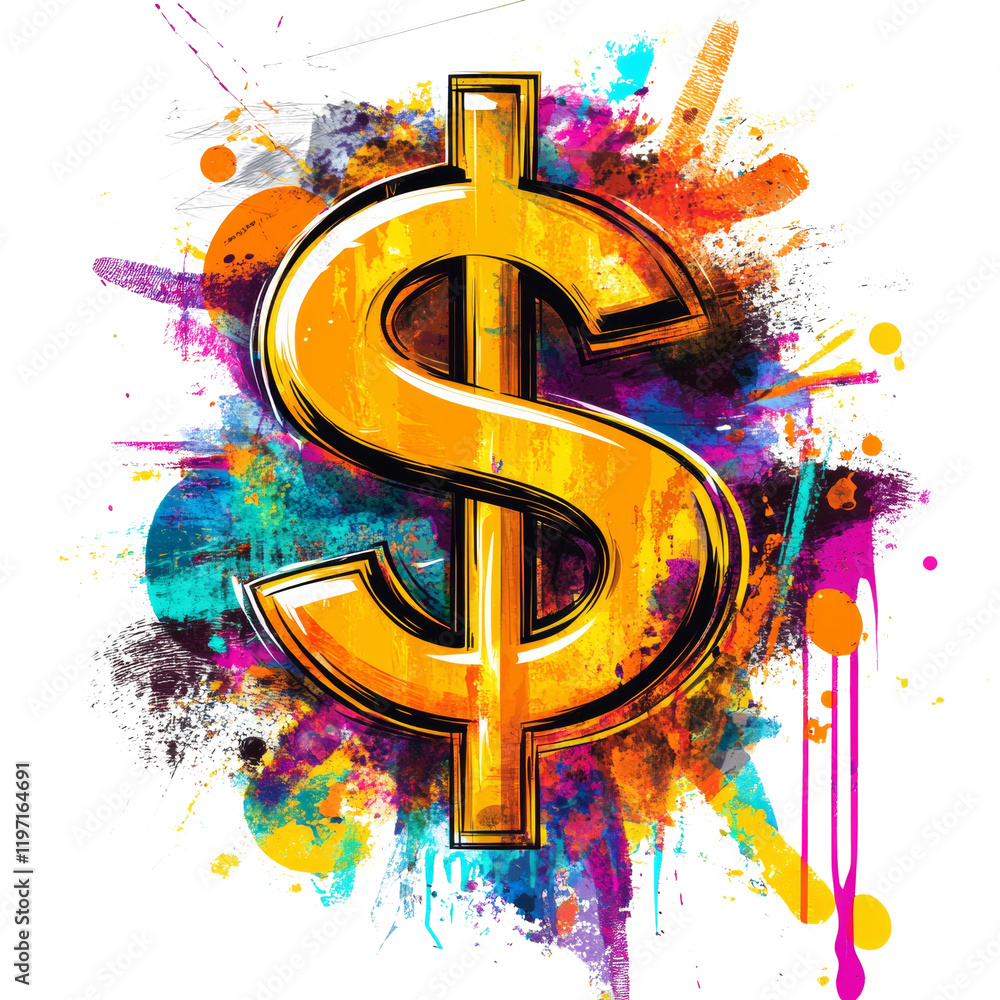 Poster A stylized golden dollar sign is depicted against a backdrop of vibrant colorful paint splatters creating an abstract and energetic visual.