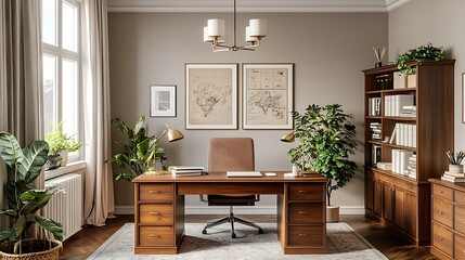 Fototapeta premium Serene Mid-Century Modern Home Office: Wooden Desk, Plants, and Art