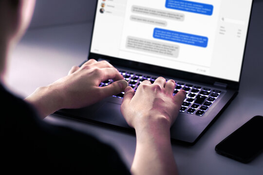 Scam online dating and fraud romance. Internet scammer. Social media love. Cheating, infidelity or catfish with fake profile on internet. Chat messages with laptop. Unfaithful man or fraudster.