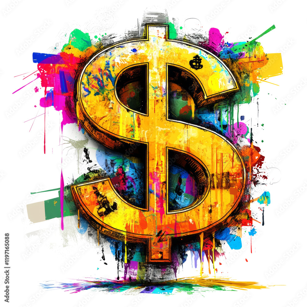 Poster a stylized golden dollar sign is depicted against a backdrop of vibrant colorful paint splatters cre