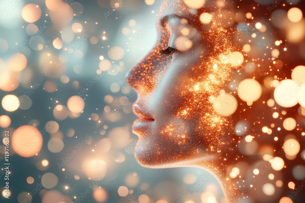 Poster A digital illustration of a person surrounded by abstract shapes and soft light, with sections of their form dissolving into glowing particles