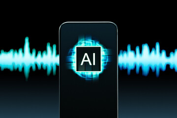 AI deep fake or voice. Translate speech and language. Music or sound generator. Deepfake or audio clone scam. Artificial intelligence technology in phone app. Talk recognition robot. Wave background.