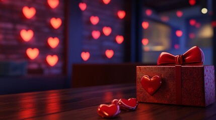 Valentines day background with red hearts and gift box