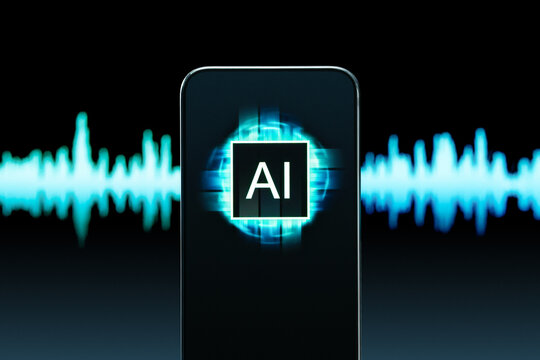 AI deep fake or voice. Translate speech and language. Music or sound generator. Deepfake or audio clone scam. Artificial intelligence technology in phone app. Talk recognition robot. Wave background.