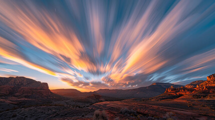 Naklejka premium A tranquil sunrise over the red rocks of Sedona, Arizona, with silky clouds streaking across the sky and soft golden light illuminating the desert landscape