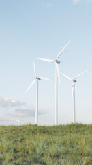 Wind turbines generating clean energy on green hill under blue sky. 3d render
