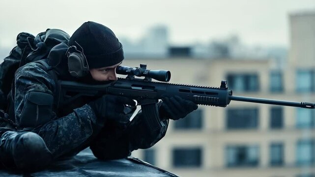 soldier in black uniform lying on the roof and aiming with sniper rifle