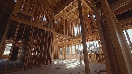 Construction site of a modern house, with suspended ceiling and drywall installation highlighting contemporary interior design trends.