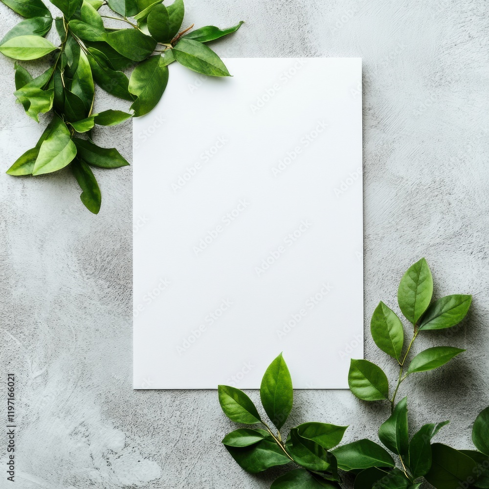 Poster blank paper surrounded by green leaves on textured surface for creative design and mockup purposes. 