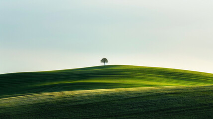 A tranquil view of a solitary windmill on a grassy hill in the Netherlands, with blurred motion of spinning blades and soft golden light illuminating the horizon