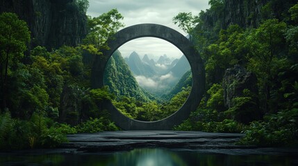 Enchanting Circular Window Framed by Lush Green Forest Trees Allowing Natural Light to Flood into the Serene Woodland Landscape Creating Tranquility
