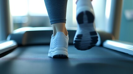 Young women running in a gym on a treadmill.  Close up shoe run. Woman with muscular legs. Exercising concept.