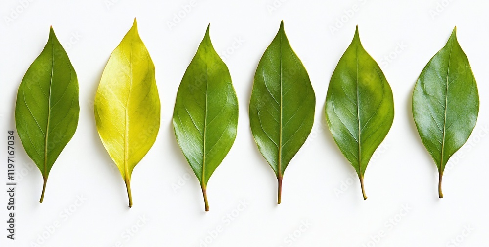 Wall mural Six leaves in a row showing color change from yellow to green.