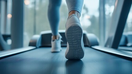 Young women running in a gym on a treadmill.  Close up shoe run. Woman with muscular legs. Exercising concept.